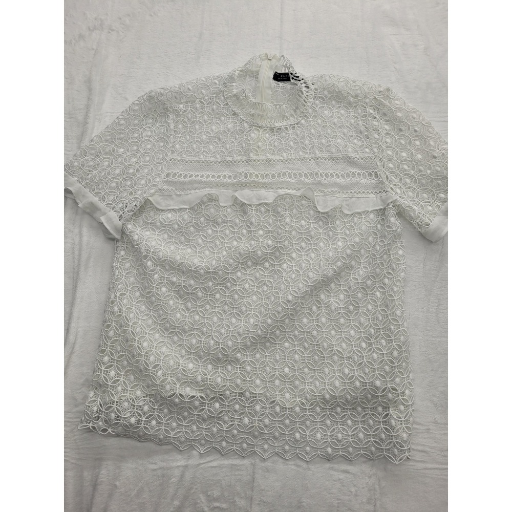 Zara Woman Lace Blouse Womens Medium White Ruffle Mock Neck Short Sleeve